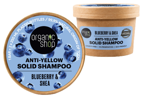 Organic Shop Shampoing Solide Anti-Jaune Myrtille et Beurre de Karit&eacute; 60 gr
