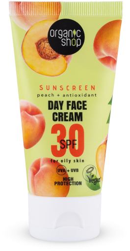 Organic Shop Cr&egrave;me Solaire de Jour pour le Visage &agrave; la P&ecirc;che SPF 30 50 ml