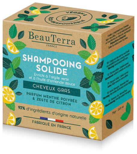 BeauTerra Shampoing solide &agrave; la menthe et au zeste de citron 75 gr