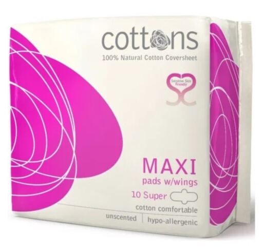 Cottons Organic Compresse de Nuit Maxi avec Ailes 100% Coton 10 Unit&eacute;s