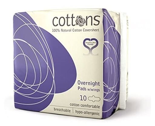 Cottons Organic Serviettes hygi&eacute;niques de nuit avec ailes 100 % coton, 10 unit&eacute;s