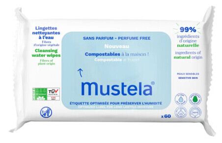 Mustela Lingettes &agrave; l'eau en coton 60 unit&eacute;s