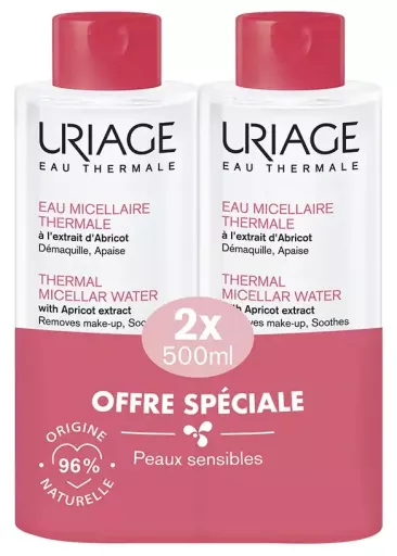 Uriage Eau micellaire thermale pour peaux sensibles, lot de 2 x 500 ml
