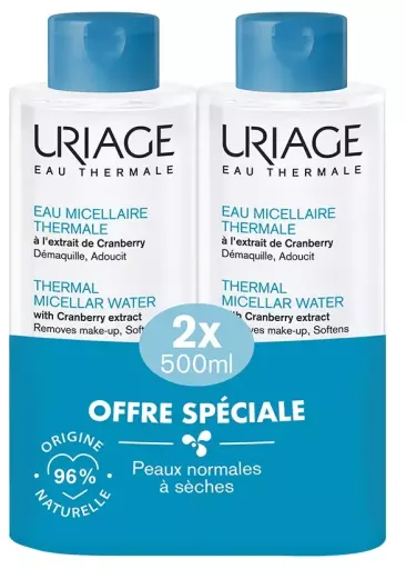 Uriage Eau micellaire thermale pour peaux normales &agrave; s&egrave;ches (lot de 2 x 500 ml)
